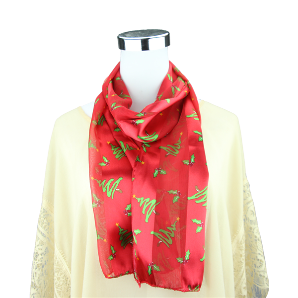 Jolly & Festive Scribbled Christmas Tree & Holly Leaves Print Pattern Red Silk Scarf