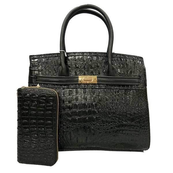 Stylish Black Faux Crocodile Leather Birkin-Inspired Fashion Shoulder Satchel Set