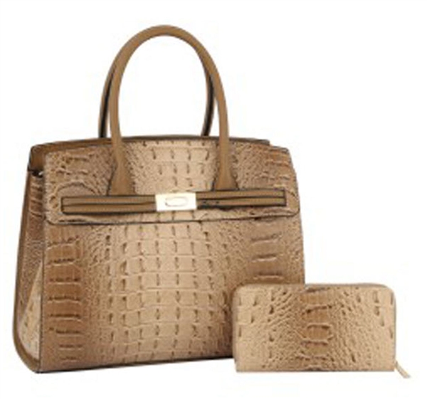 Stylish Taupe Faux Crocodile Leather Birkin-Inspired Fashion Shoulder Satchel Set