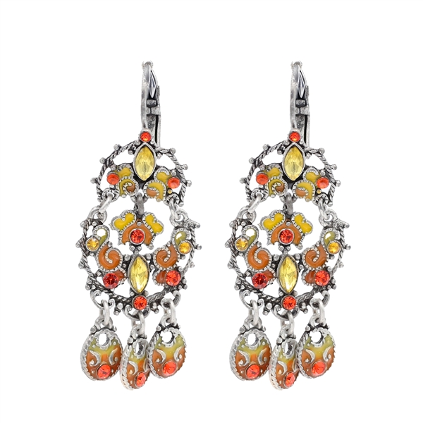 Fashion Sparkling Yellow & Orange Crystals Silver Toned Lever Back Earrings