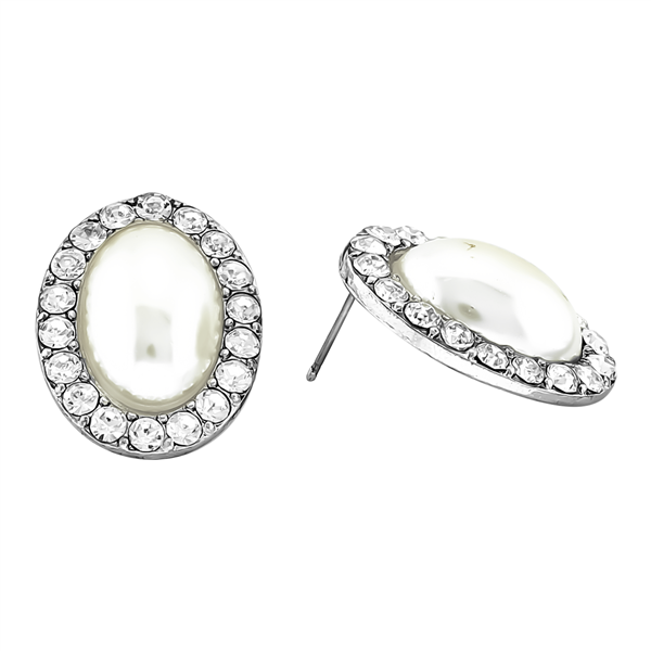 Elegant Formal Oval Cream Pearl Sparkling Round Crystals Silver-Toned Stud Earrings