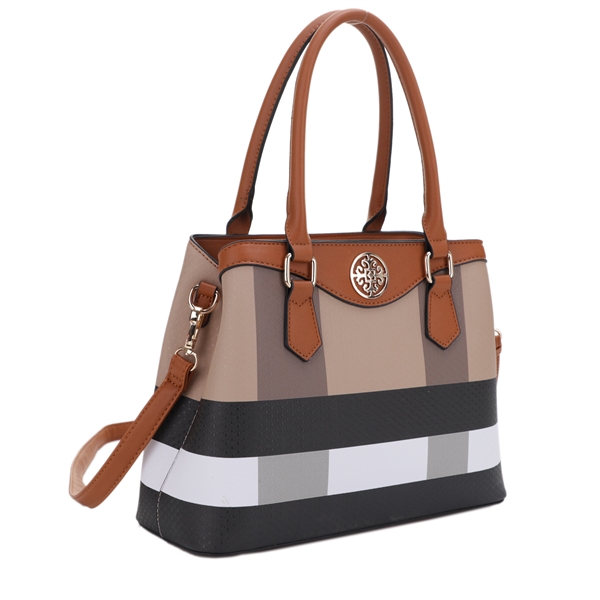 Fashion Brown Faux Leather Plaid Satchel Handbag