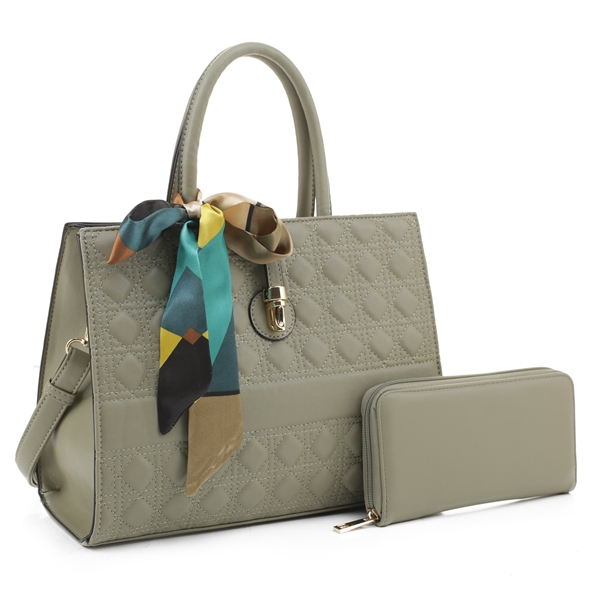 Luxurious Fashion Soft Leather Diamond Stitched Sage Satchel Handbag Set