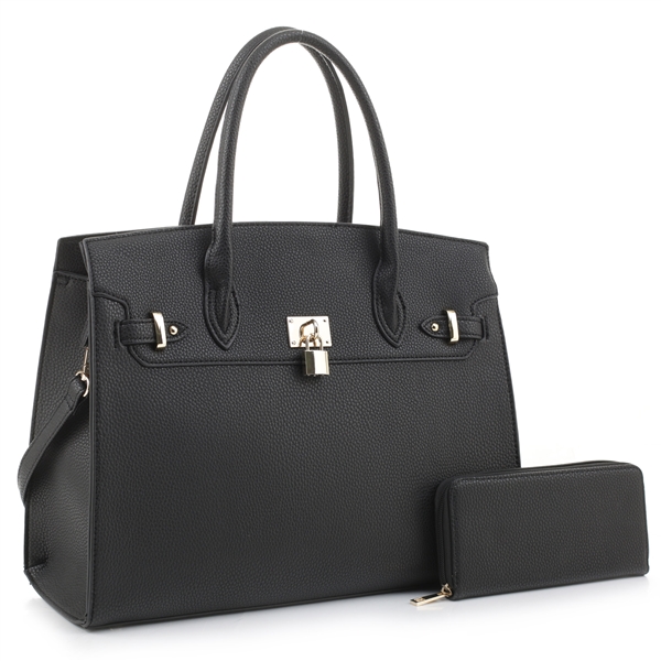 Classic Black Faux Leather Satchel Handbag Set