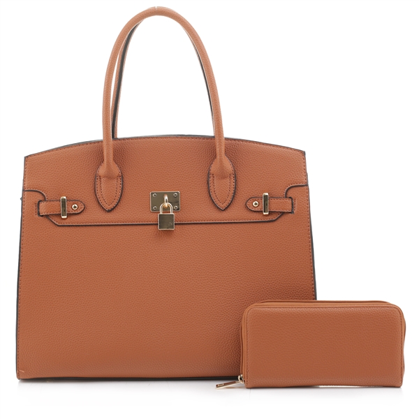 Classic Tan Faux Leather Satchel Handbag Set