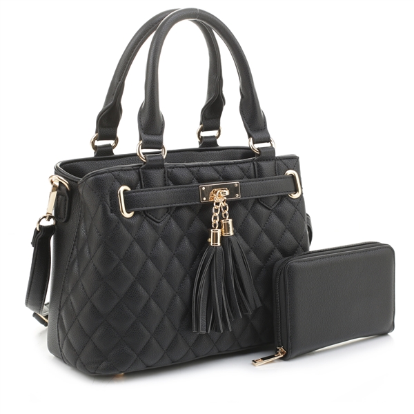 Quilted Diamond Stitched Black Faux Leather Satchel Handbag Set