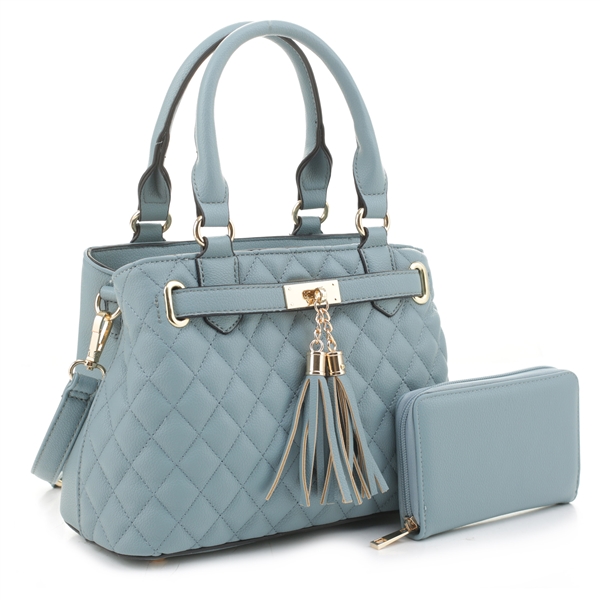 Quilted Diamond Stitched Blue Faux Leather Satchel Handbag Set