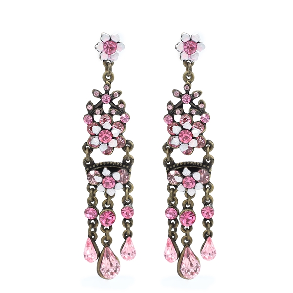 Fashion Sparkling Rose Crystals White Flower Chandelier Bronze Toned Post-Backing Earrings