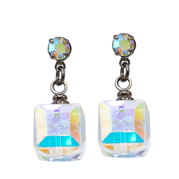 Fashion Sparkling Iridescent Crystal Faceted Cube Post-Dangle Earrings