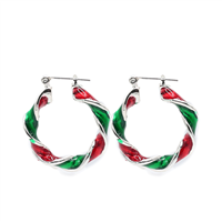 Fashion Red & Green Christmas Twisted Ribbon Holiday Season Silver-Toned Hoop Earrings