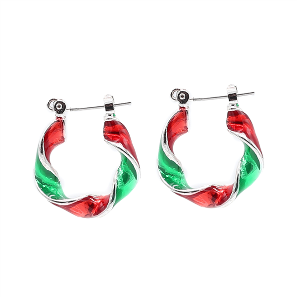 Fashion Red & Green Christmas Twisted Ribbon Holiday Season Silver-Toned Hoop Earrings