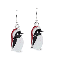 Fashion Red, Black & White Christmas Glitter Penguin Holiday Season Silver-Toned Fish Hook Earrings