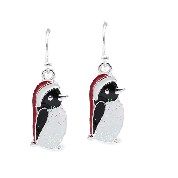Fashion Red, Black & White Christmas Glitter Penguin Holiday Season Silver-Toned Fish Hook Earrings