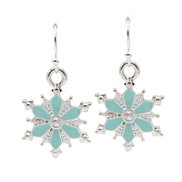 Fashion Light Turquoise Christmas Sparkling Iridescent Crystal Snowflake Holiday Season Silver-Toned Fish Hook Earrings
