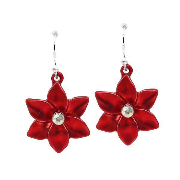 Fashion Red Christmas Sparkling Iridescent Crystal Poinsettia Holiday Season Silver-Toned Fish Hook Earrings