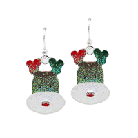 Fashion Red, Green, and White Christmas Sparkling Iridescent Glitter Reindeer Head Holiday Season Silver-Toned Fish Hook Earrings
