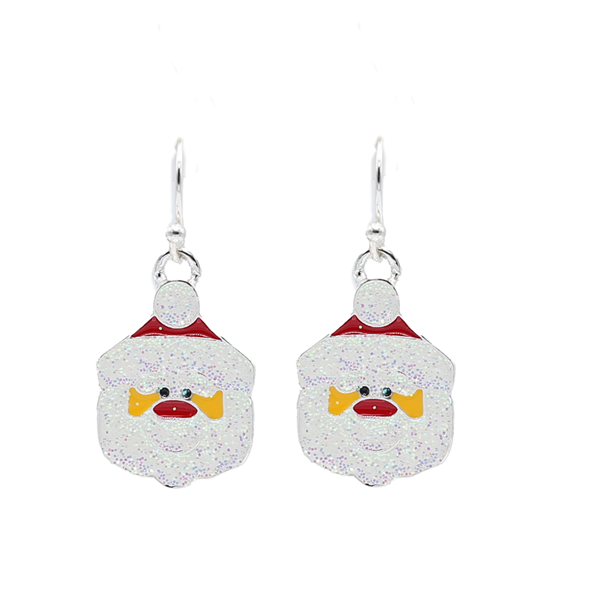 Fashion Red, Yellow, and White Christmas Sparkling Iridescent Glitter Santa Face Holiday Season Silver-Toned Fish Hook Earrings