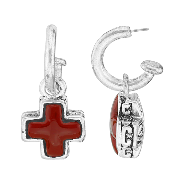 Stylish Spiritual Faith Small Cross Charm Red & Silver Open Hoop Stud Dangle Earrings