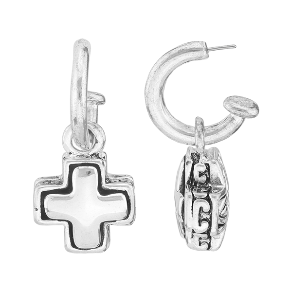 Stylish Spiritual Faith Small Cross Charm Silver Open Hoop Stud Dangle Earrings