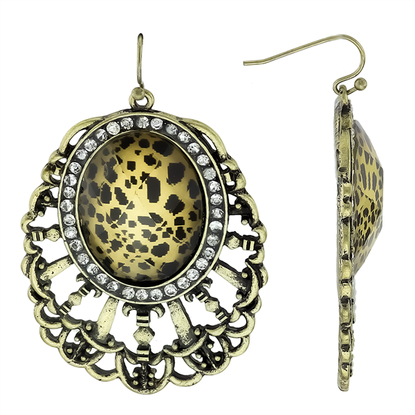 Unique Deluxe Cheetah Animal Print Stone Sparkling Clear Crystal Bronze-Toned Post Dangle Earrings