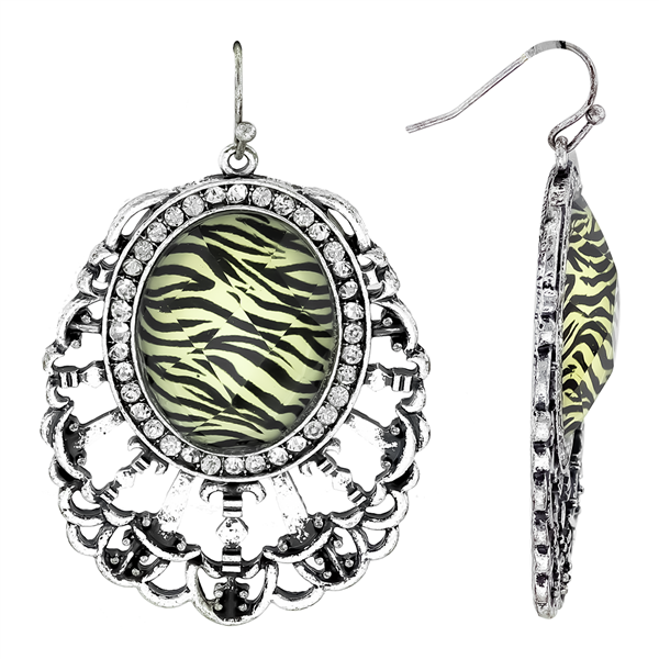 Unique Deluxe Tiger Animal Print Stone Sparkling Clear Crystal Silver-Toned Post Dangle Earrings