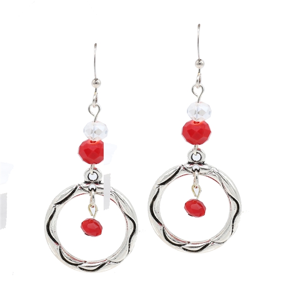 Fashion Red & Translucent Faceted Beads Drop Silver-Toned Fish Hook Earrings