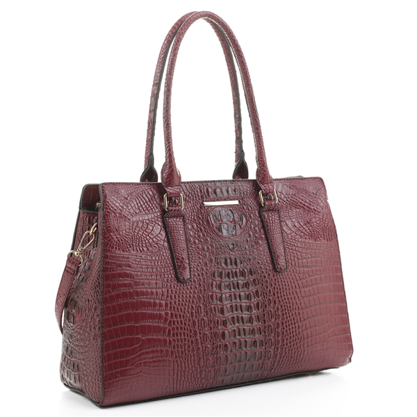 Sophisticated Wine Faux Crocodile Exotic Leather Fashion Satchel Handbag