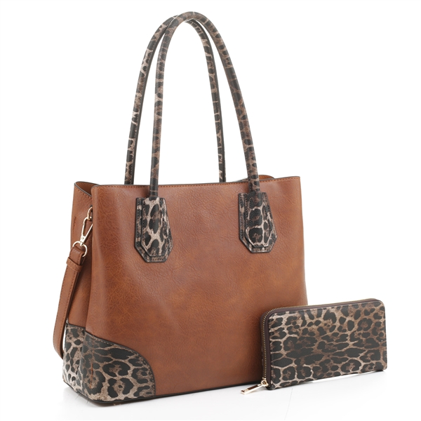 Chic Brown Two-Tone Faux Leather & Jaguar Print Fashion Satchel Handbag Set