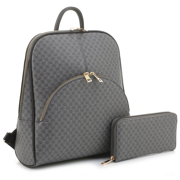 Stylish Grey & Black Faux Leather Repetitive Print Design Fashion Satchel Backpack Set