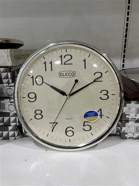 Home and Office Round Polished Silver Eleco Quartz Analog Clock