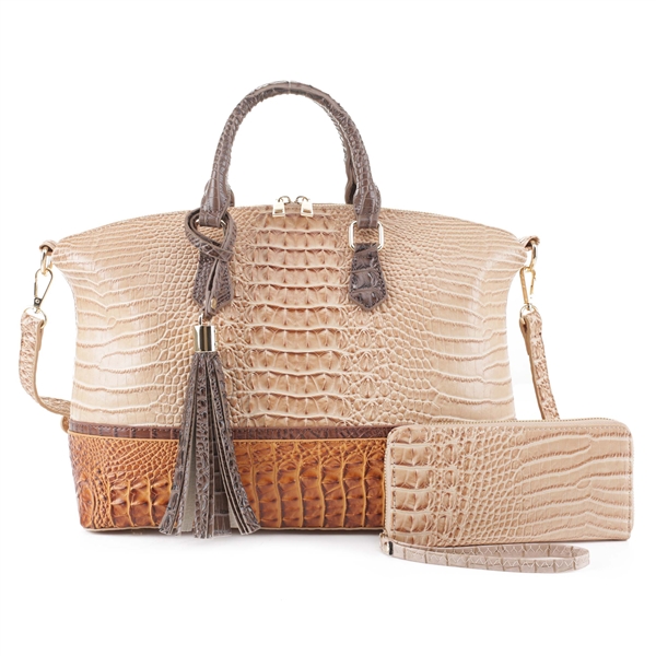 Two-Toned Beige & Tan Faux Alligator Patent Leather Duffle Satchel Set