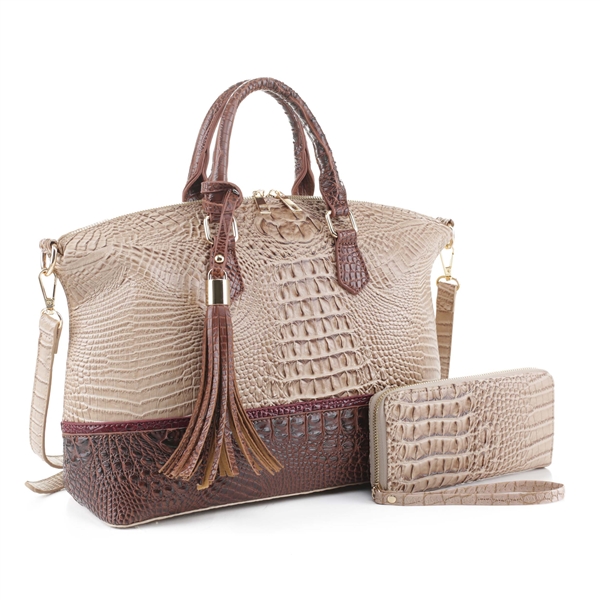 Two-Toned Light Brown & Dark Brown Faux Alligator Patent Leather Duffle Satchel Set