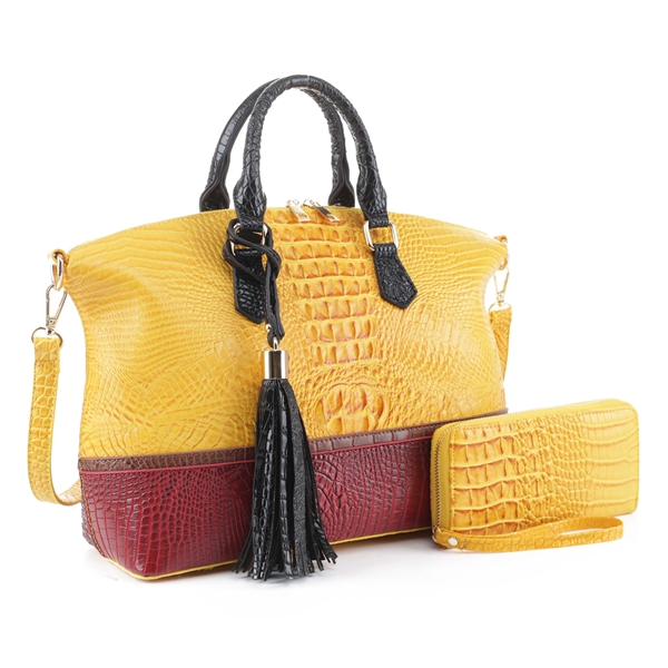 Two-Toned Yellow & Wine Faux Alligator Patent Leather Duffle Satchel Set