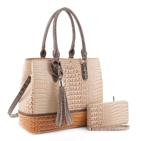 Two-Toned Box-Like Beige & Tan Faux Alligator Patent Leather Satchel Set