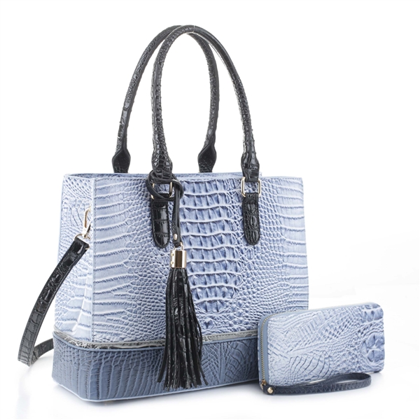 Two-Toned Box-Like Blue & Dark Blue Faux Alligator Patent Leather Satchel Set