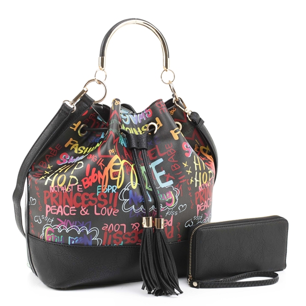 Colorful Graffiti Printed Black & Multi Boho Handbag Set