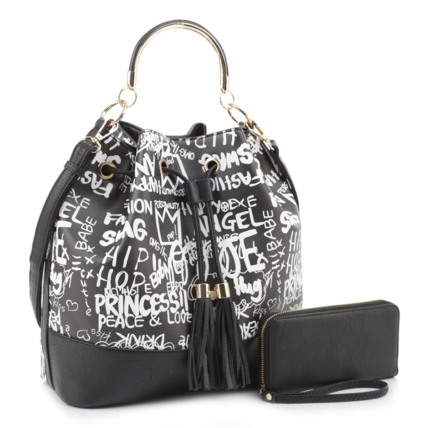 Colorful Graffiti Printed Black & White Boho Handbag Set