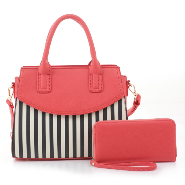 Trendy Coral & Creme Solid & Striped Faux Leather Satchel Set