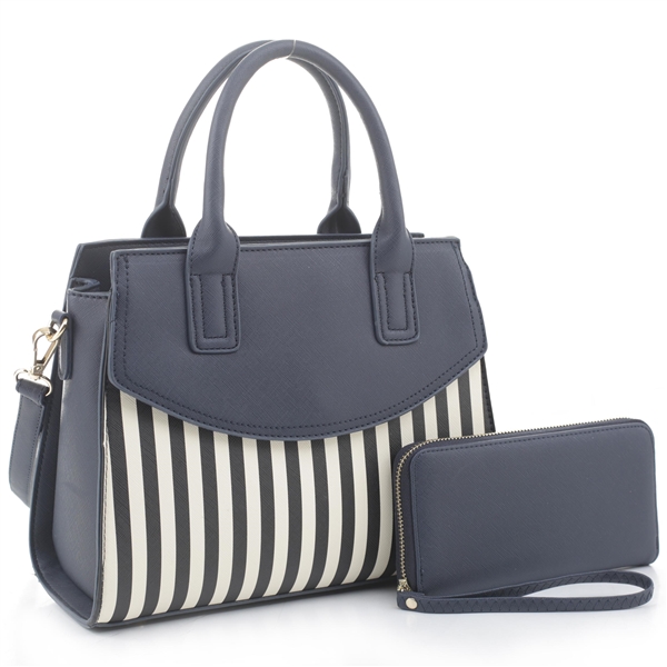 Trendy Navy & Creme Solid & Striped Faux Leather Satchel Set