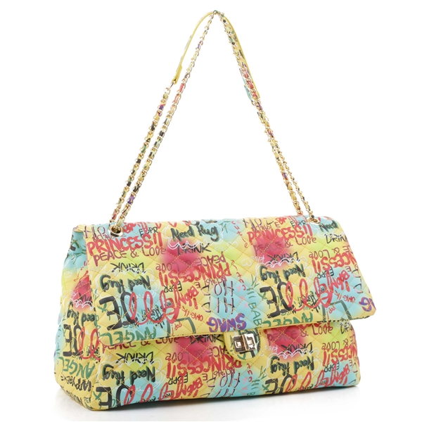 Colorful Graffiti Printed Yellow & Multi Clutch Duffle Satchel Bag