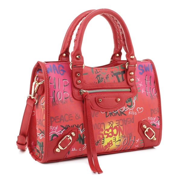 Colorful Graffiti Printed Red & Multi Satchel Handbag