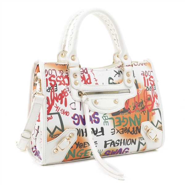 Colorful Graffiti Printed White & Multi Satchel Handbag