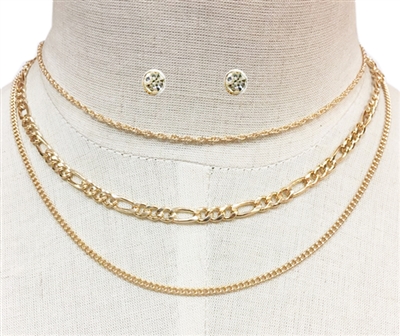 TRIPLE CHAIN MIX NECKLACE SET | GOLD