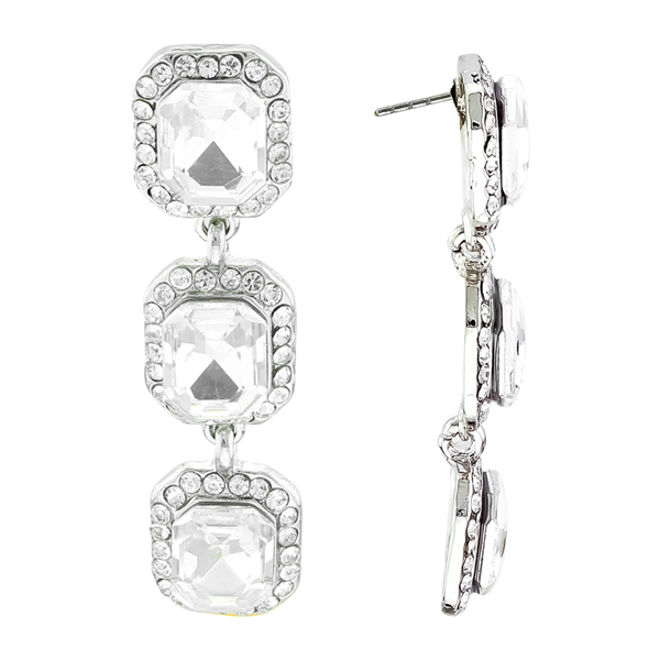 Stunning Sparkling Crystal Clear Squared Stone Triple Drop Silver-Toned Stud Earrings
