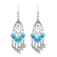 Stylish Sparkling Diamond Crystal & Turquoise Bead Teardrop Silver Tone Fish Hook Earrings