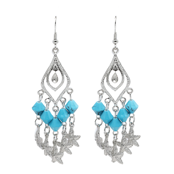 Stylish Sparkling Diamond Crystal & Turquoise Bead Teardrop Silver Tone Fish Hook Earrings