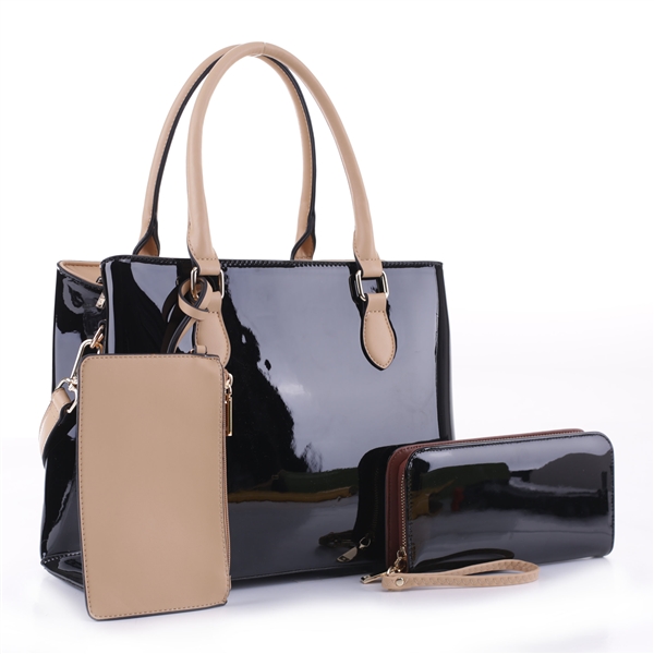 Sleek Nude Pouch & Black Patent Leather Wristlet Satchel Handbag Set