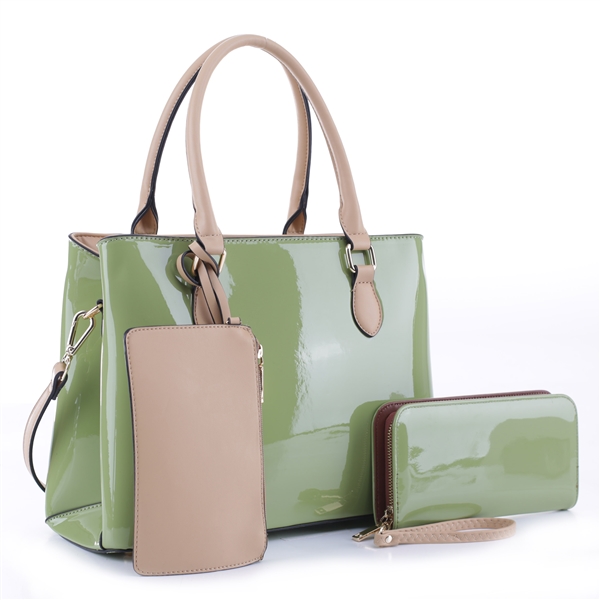 Sleek Nude Pouch & Green Patent Leather Wristlet Satchel Handbag Set