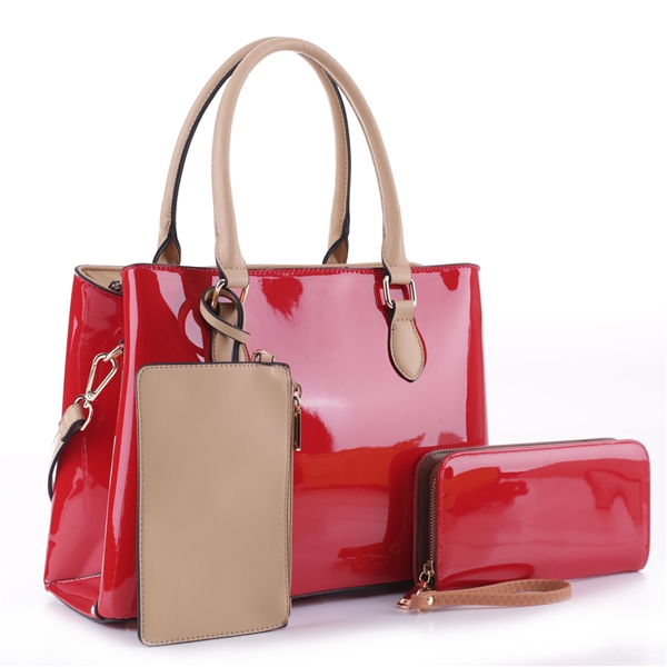 Sleek Nude Pouch & Red Patent Leather Wristlet Satchel Handbag Set