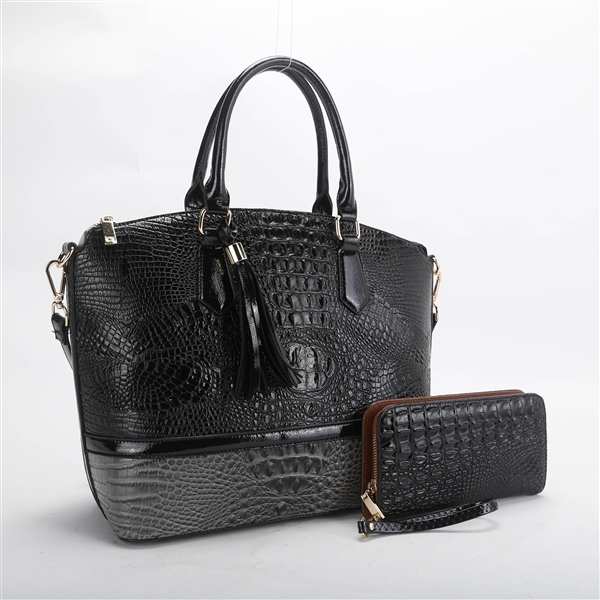 Women's Black/Dark Gray Faux Alligator Skin & Faux Leather Satchel Handbag Set